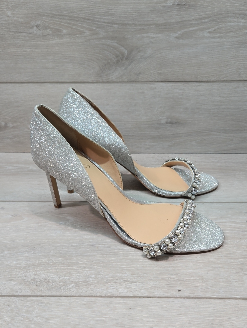 Jewel By Badgley Mischka Women Glitter OpenToe Heels Crystal Strap Shoes 9
